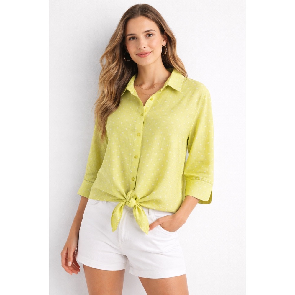 Chico's 100% Linen Polka Dot Tie Front Blouse – Size‎ 3 (XL / 16)